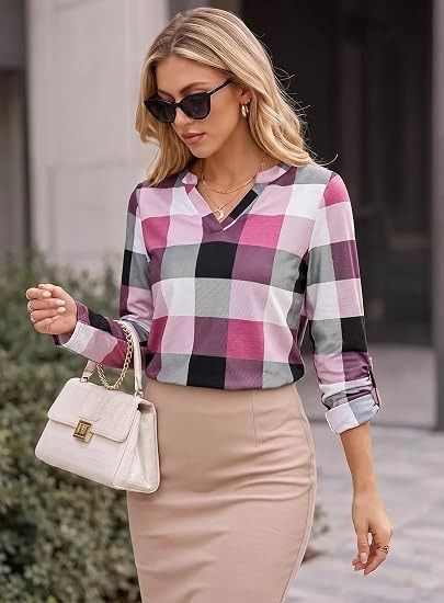 Pink Black White Checkered Long Sleeve V-Neck Blouse image 5